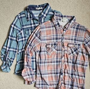 Girl's plaid fall button up shirt bundle, roll tab sleeves, Little Girl autumn